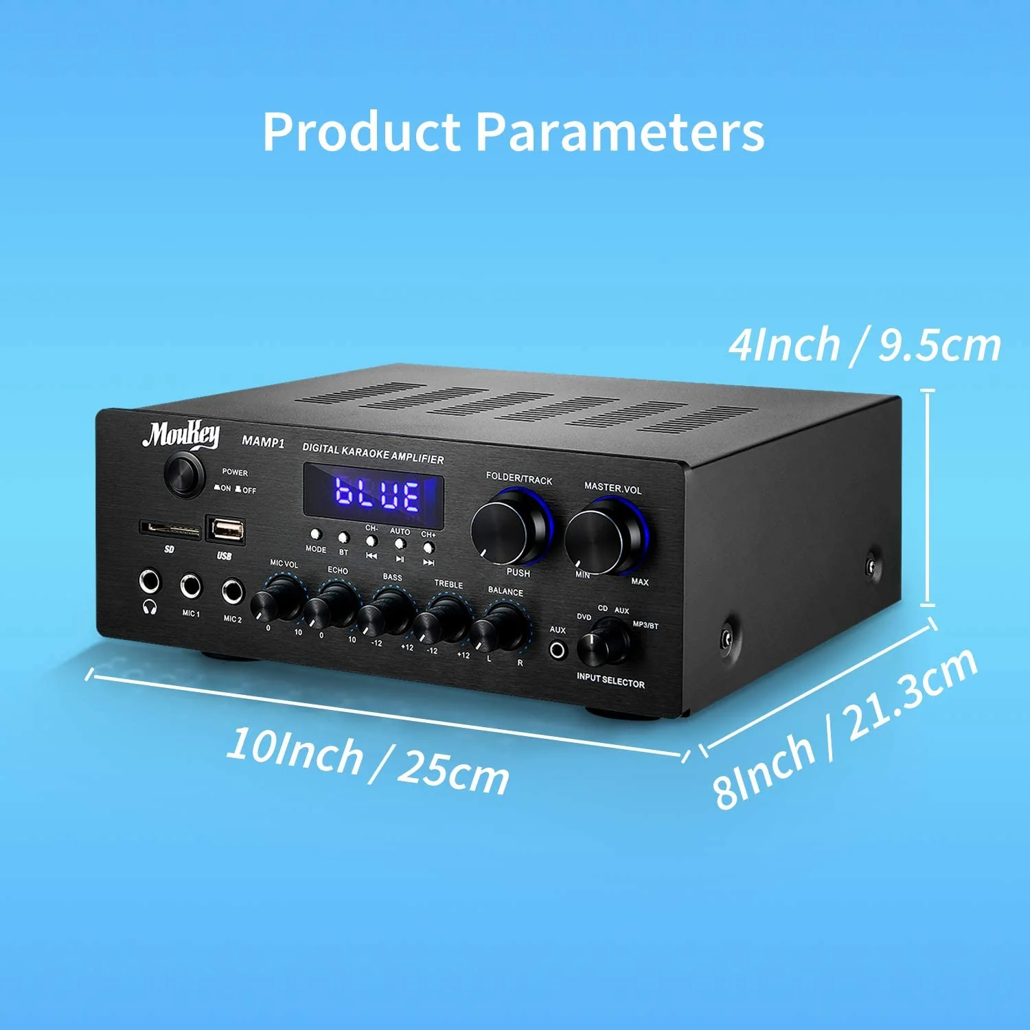 Moukey Bluetooth Power Amplifier System -  w/USB, SD, AUX, MIC in w/Echo, Radio, LED - for Home Theater Entertainment via RCA - Image 5